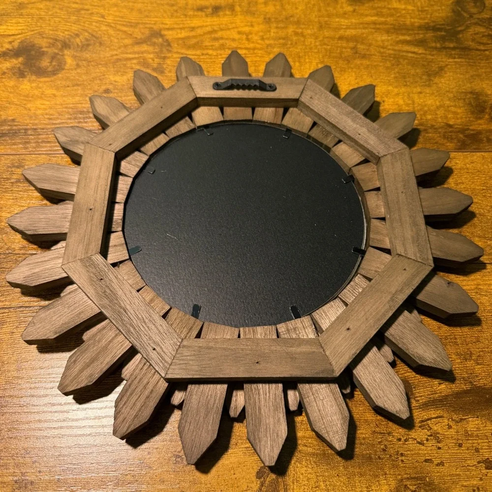 Rustic Wood Sunburst Wall Mirror Round Weathered Brown Farmhouse Decor 12